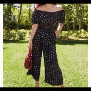 Loft Petite Jumpsuit Black Pattern Tie Waist Off the Shoulder
